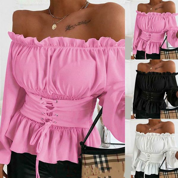 women off shoulder bandage blouse ladies long sleeve lace up shirts 2020 summer fashion ruffled one word collar shirt blusas, White
women off shoulder bandage blouse ladies long sleeve lace up shirts 2020 summer fashion ruffled one word collar shirt blusas, White