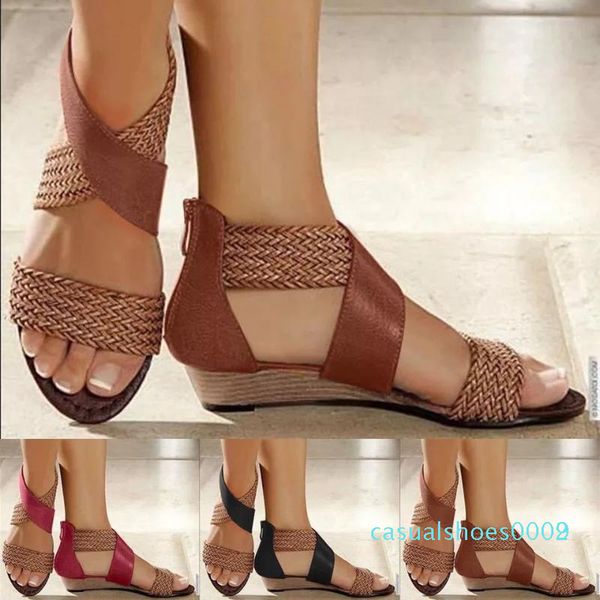 fish mouth leather canvas women weave wedge heel shoes zipper sandals casual beach sandals roman shoes c09 c02, Black