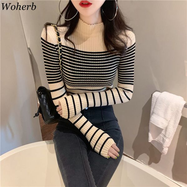 women's sweaters woherb women sweater vintage striped contrast color half turtleneck pullover long sleeve thin knitted sueter slim fit, White;black
women's sweaters woherb women sweater vintage striped contrast color half turtleneck pullover long sleeve thin knitted sueter slim fit, White;black