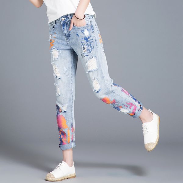 women's jeans color painting woman easy nine part pants korean student ripped for women, Blue
women's jeans color painting woman easy nine part pants korean student ripped for women, Blue