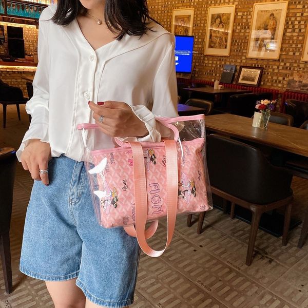 2020 new one- messenger shoulder shoulder korean style dog teeth cartoon crow jelly mother bag ins transparent bucket bag, White
2020 new one- messenger shoulder shoulder korean style dog teeth cartoon crow jelly mother bag ins transparent bucket bag, White