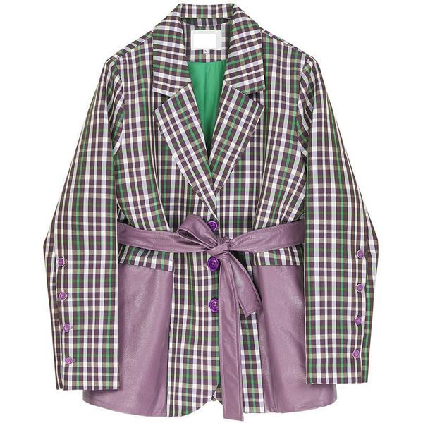 women's suits & blazers getspring women blazer pu stitching plaid coat lace up suit jacket loose irregular casual woman top, White;black
women's suits & blazers getspring women blazer pu stitching plaid coat lace up suit jacket loose irregular casual woman top, White;black