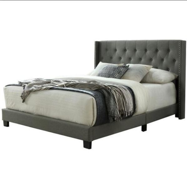 upholstered platform bed with classic headboard wood slat support gray linen fabric queen size
upholstered platform bed with classic headboard wood slat support gray linen fabric queen size