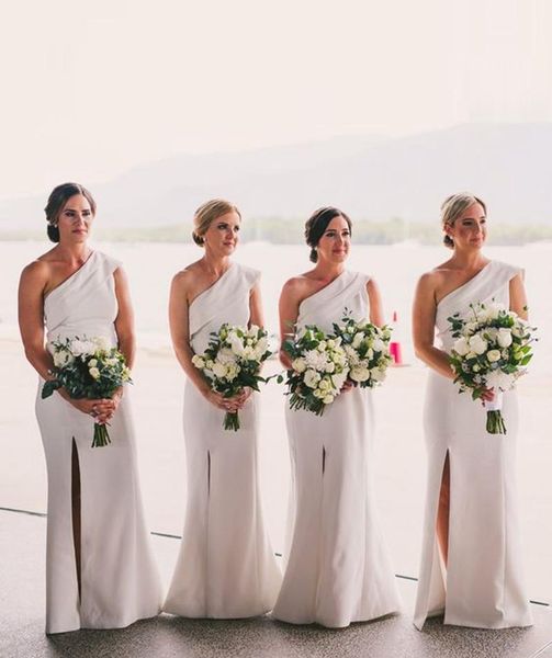 setwell one shoulder mermaid bridesmaid dresses sleeveless front split simple style floor length wedding guest gowns, White;pink
setwell one shoulder mermaid bridesmaid dresses sleeveless front split simple style floor length wedding guest gowns, White;pink