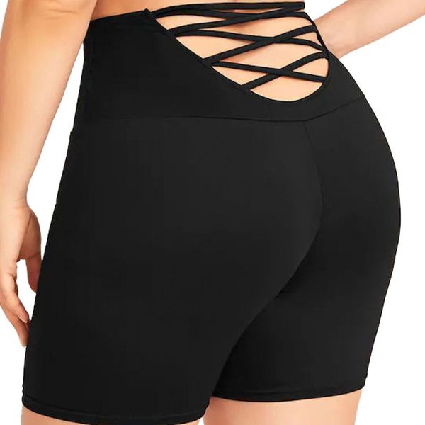 plus size casual waist cross bandage solid color sports shorts women tight high waist fitness shorts, White;black 
plus size casual waist cross bandage solid color sports shorts women tight high waist fitness shorts, White;black