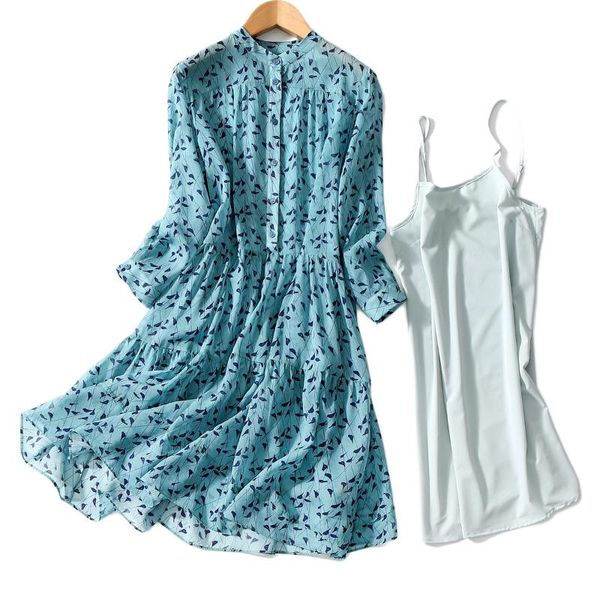 women dress 2020 summer new dress women's sling two-piece silk printed long sleeve, Black;gray