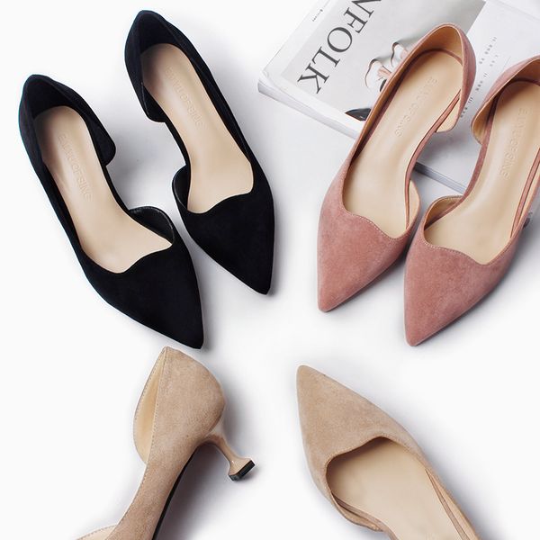 new 2020 thin high heels shoes woman small cat hoof heeled 5cm pointed toe cut-out solid flock ladies career office pumps, Black 
new 2020 thin high heels shoes woman small cat hoof heeled 5cm pointed toe cut-out solid flock ladies career office pumps, Black