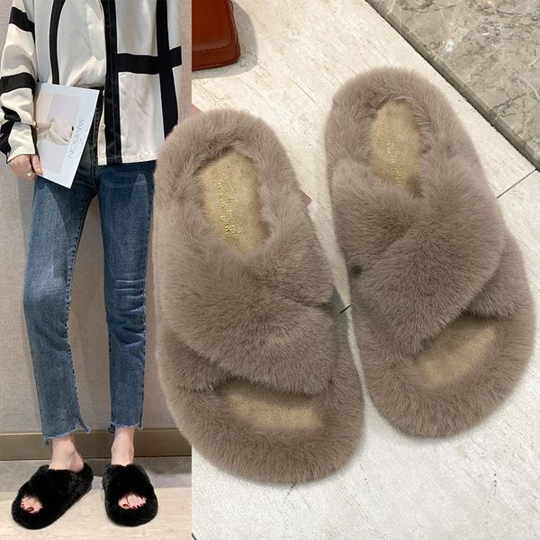 female korean version slippers winter female flat word slippers women rabbit fur of outer wear chic cross plush slippers, Black
female korean version slippers winter female flat word slippers women rabbit fur of outer wear chic cross plush slippers, Black