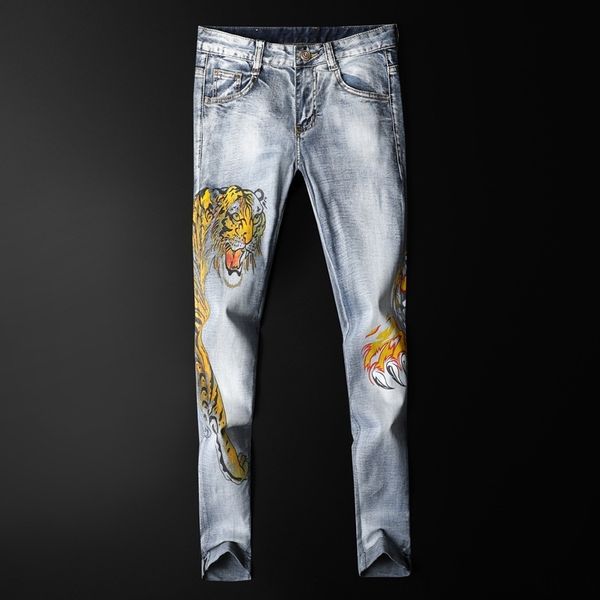 sxozk european 2020 summer thin printed men's personality tiger pattern slim fit feet light color and jeans trousers and jeans ankle-le, Blue
sxozk european 2020 summer thin printed men's personality tiger pattern slim fit feet light color and jeans trousers and jeans ankle-le, Blue
