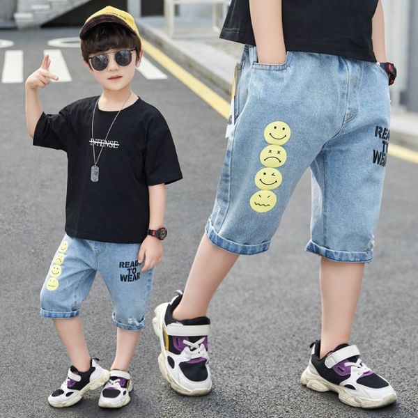 boy's smiling shorts 5 boy's summer 8 children's and pants and jeans printed jeans letter printed children's pants 6, Blue