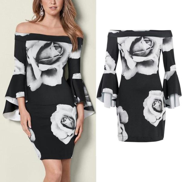 stylish women dress summer off shoulder rose print flared sleeves evening three quarters sleeve cotton party mini dresses, White;black
stylish women dress summer off shoulder rose print flared sleeves evening three quarters sleeve cotton party mini dresses, White;black