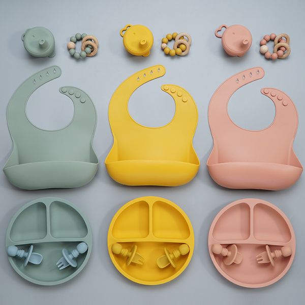 6pcs Gift Set Bpa Food Grade Baby Silicone Bib Fork Spoon Dishes Plate Bowl Baby Feeding Supplies Newborn Accessories Y200710