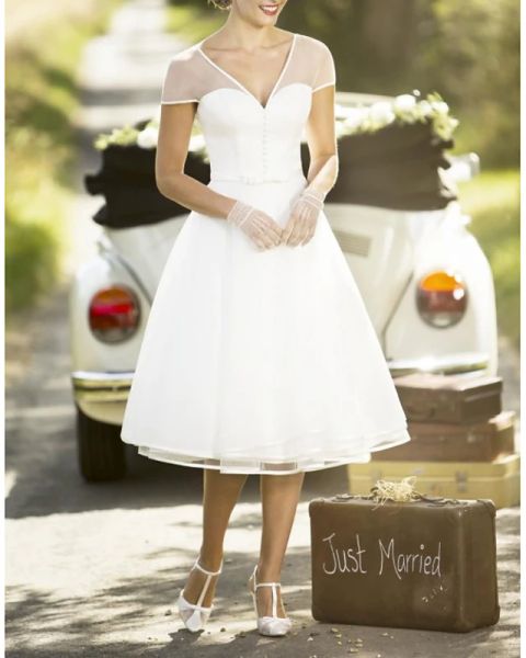 a-line wedding dresses v neck tea length chiffon short sleeve vintage wedding dress in color see-through with sashes / ribbons buttons, White
a-line wedding dresses v neck tea length chiffon short sleeve vintage wedding dress in color see-through with sashes / ribbons buttons, White