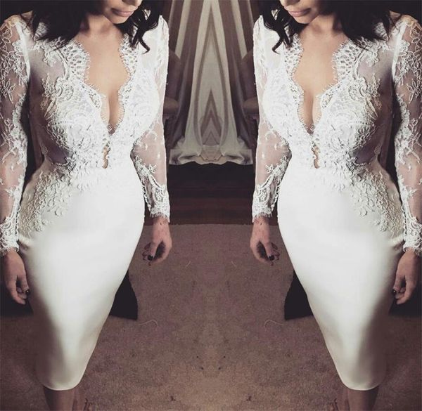2021 new lace wedding dresses deep v neck long sleeves knee leghth satin bridal gowns wedding reception dress sale, White
2021 new lace wedding dresses deep v neck long sleeves knee leghth satin bridal gowns wedding reception dress sale, White