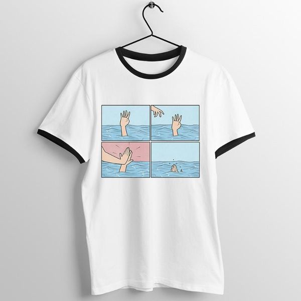 black trim t shirt drowning high five funny random dark humor awesome printed tee, White;black
black trim t shirt drowning high five funny random dark humor awesome printed tee, White;black