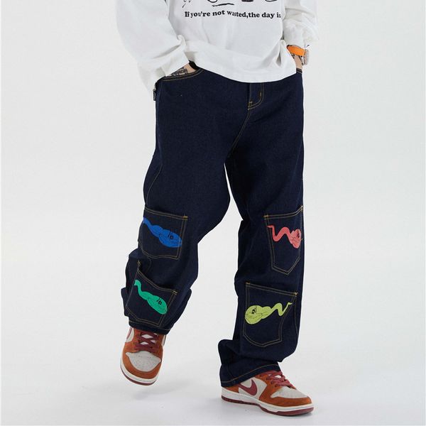men's jeans streetwear loose wide leg trousers male straight denim pant print hip hop casual men full length zipper mid cartoon, Blue
men's jeans streetwear loose wide leg trousers male straight denim pant print hip hop casual men full length zipper mid cartoon, Blue