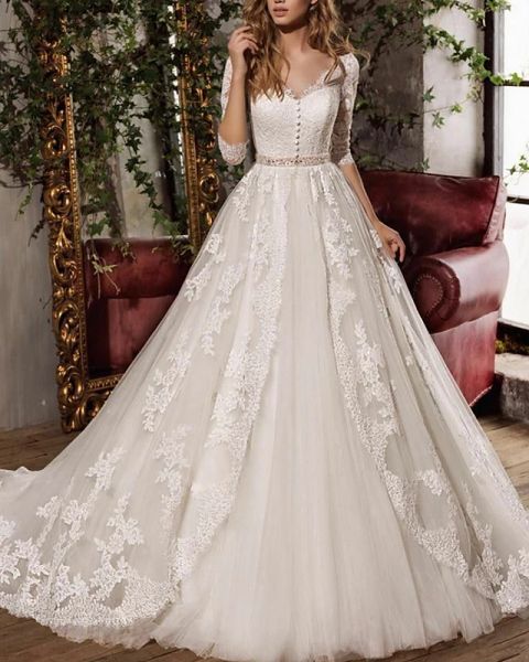 a-line wedding dresses v neck sweep / brush train tulle 3/4 length sleeve formal plus size illusion sleeve with appliques, White
a-line wedding dresses v neck sweep / brush train tulle 3/4 length sleeve formal plus size illusion sleeve with appliques, White