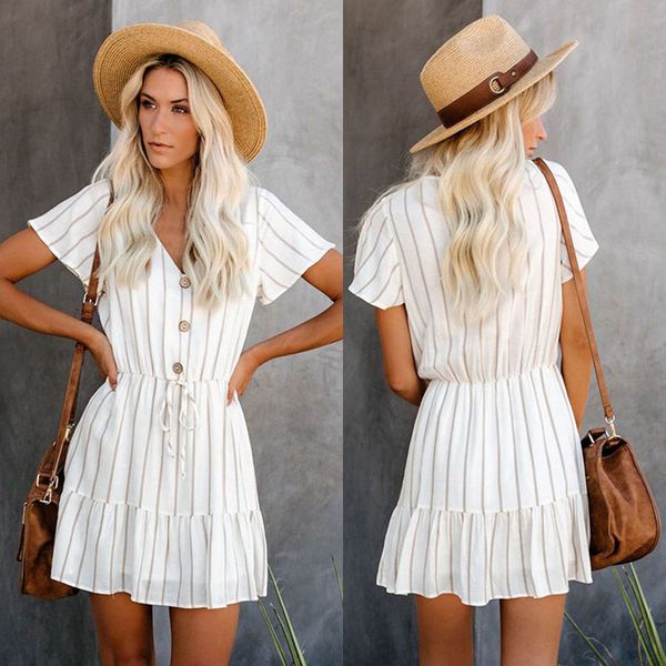 summer striped print dress women dress short sleeve button white beach sundress, Black;gray
summer striped print dress women dress short sleeve button white beach sundress, Black;gray