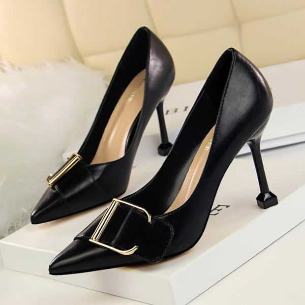 korean professional high heels women's shoes high heel shallow mouth pointed metal belt buckle thin shoes, Black