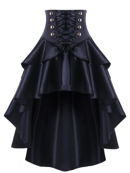 women gothic style button punk corset party skirts lace up waist ruffles skirts swing irregular high asymmetrical low feminino skirts, Black
women gothic style button punk corset party skirts lace up waist ruffles skirts swing irregular high asymmetrical low feminino skirts, Black