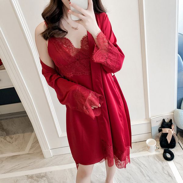 lace wedding robe set women 2pcs sleepwear satin nighty&robe set female soft kimono bath gown casual home clothes, Black;red
lace wedding robe set women 2pcs sleepwear satin nighty&robe set female soft kimono bath gown casual home clothes, Black;red