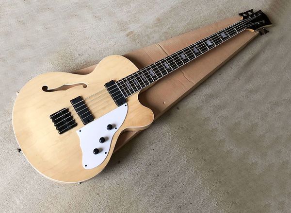 5 strings natural wood color electric bass guitar with semi-hollow body,white pickguard,rosewood fretboard with black binding
5 strings natural wood color electric bass guitar with semi-hollow body,white pickguard,rosewood fretboard with black binding
