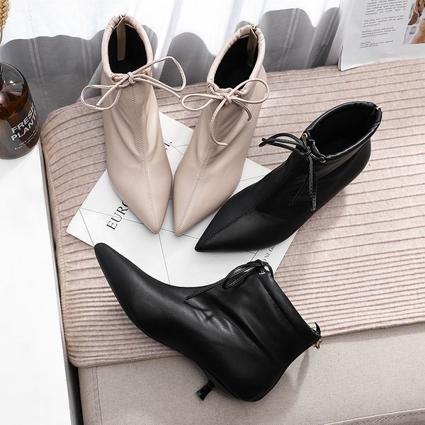 women's boots solid leaher lace up ankle short boots 2020 winter pointed toe small high heels slid rubber boot shoes woman new, Black
women's boots solid leaher lace up ankle short boots 2020 winter pointed toe small high heels slid rubber boot shoes woman new, Black
