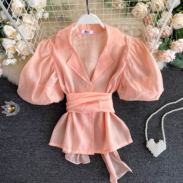 chic short puff sleeve suit collar lady new fashion lace-up high waist slim shirt women elegant blouse n392, White
chic short puff sleeve suit collar lady new fashion lace-up high waist slim shirt women elegant blouse n392, White