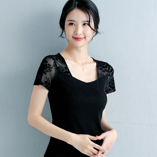 lace lace shirtt- mesh base women's 2020 u-shaped square collar short-sleeved t-shirt outer wear bright silk thin shirt, White
lace lace shirtt- mesh base women's 2020 u-shaped square collar short-sleeved t-shirt outer wear bright silk thin shirt, White