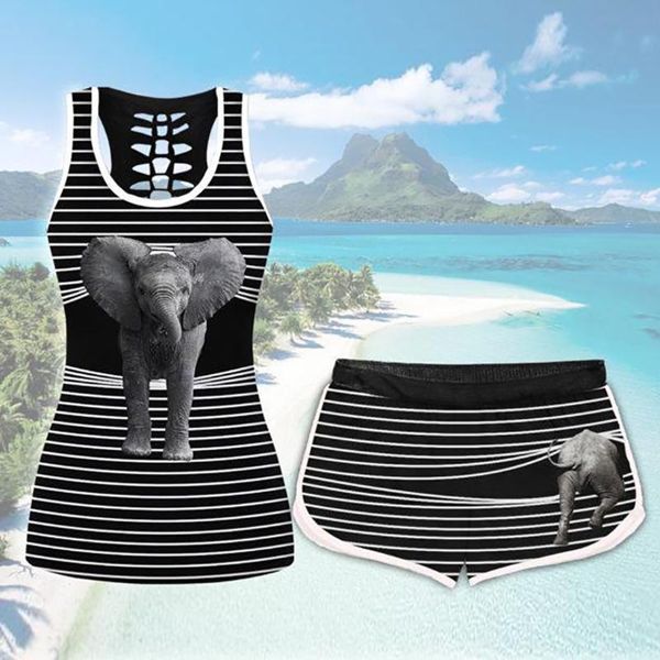 women's elephant print sleeveless vest set drawstring shorts set ladies summer two piece tracksuits women sports suits, White;black
women's elephant print sleeveless vest set drawstring shorts set ladies summer two piece tracksuits women sports suits, White;black