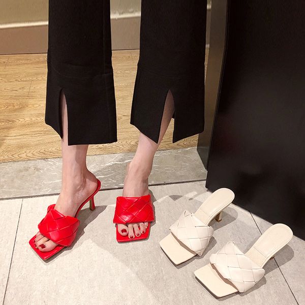 women slippers square toe weave high heels shoes leather luxury designer ladies street beach sandals slides shoes spike heels, Black
women slippers square toe weave high heels shoes leather luxury designer ladies street beach sandals slides shoes spike heels, Black