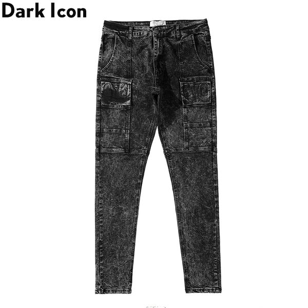 men's jeans dark front big pockets men skinny washing material denim pants man, Blue