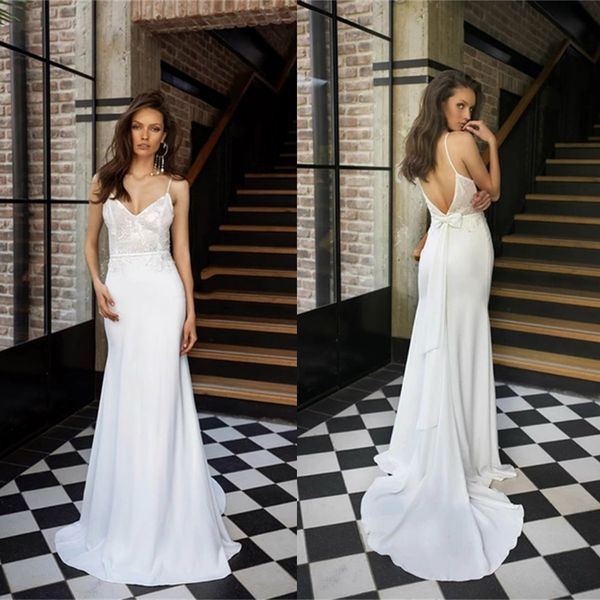 2020 mermaid wedding dresses spaghetti straps appliques lace satin bridal gowns custom made backless sweep train wedding dress, White
2020 mermaid wedding dresses spaghetti straps appliques lace satin bridal gowns custom made backless sweep train wedding dress, White