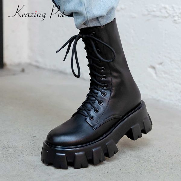 krazing pot motorcycle boots cow leather cross-tied waterproof high square heel round toe zipper thick bottom mid-calf boots l65, Black
krazing pot motorcycle boots cow leather cross-tied waterproof high square heel round toe zipper thick bottom mid-calf boots l65, Black