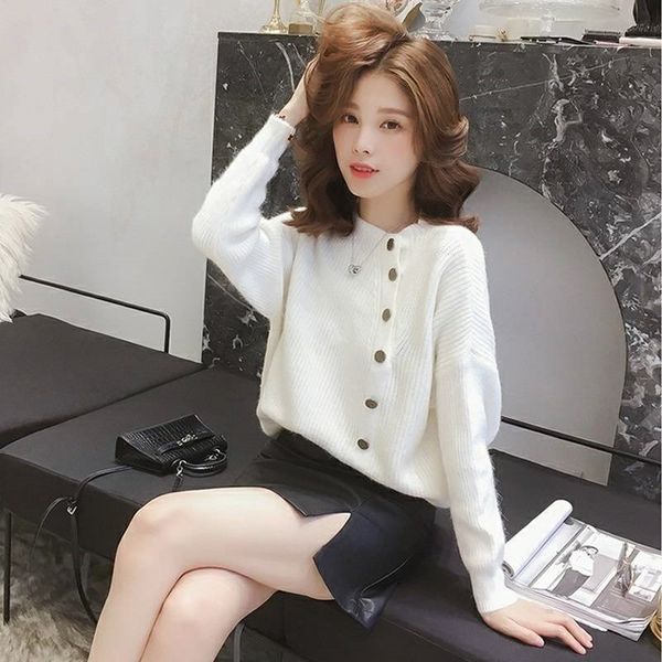 loose fashion women'spullovers button adornment knitted sweater, White;black