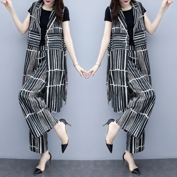 sleeveless women's summer suit striped women 2 piece set and pants ensemble femme deux pieces year-old female costume, White
sleeveless women's summer suit striped women 2 piece set and pants ensemble femme deux pieces year-old female costume, White