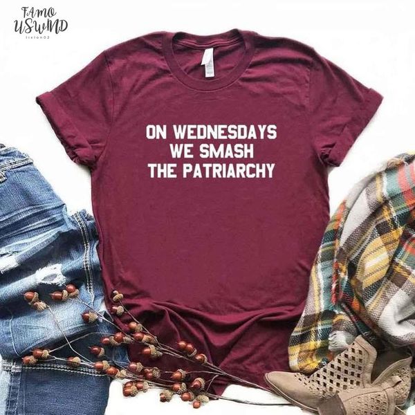 on wednesdays we smash women the patriarchy women tshirts cotton casual funny t shirt for lady tee hipster 6 color na, White 
on wednesdays we smash women the patriarchy women tshirts cotton casual funny t shirt for lady tee hipster 6 color na, White