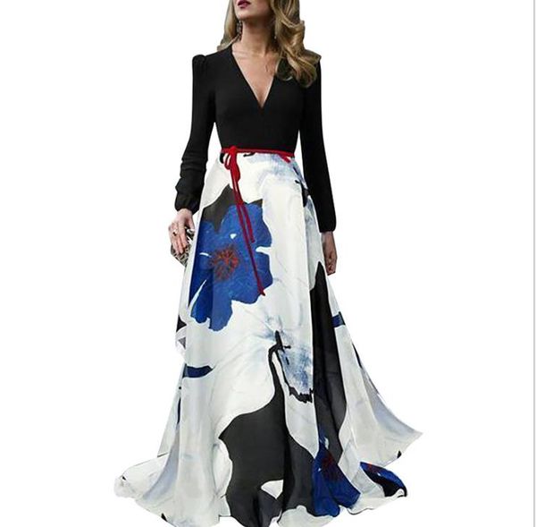 womens floral elegant v-neck dress summer long sleeve sashes high waist party cake dresses woman long evening dress, White;black
womens floral elegant v-neck dress summer long sleeve sashes high waist party cake dresses woman long evening dress, White;black