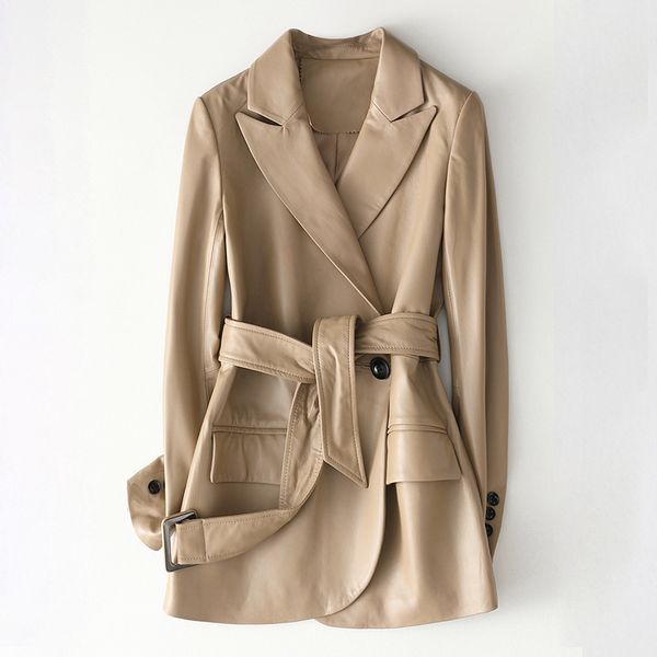 women genuine leather jackets office ladies camel sheepskin mid long sashes blazer coat elastic waist slim outwear clothes, Black
women genuine leather jackets office ladies camel sheepskin mid long sashes blazer coat elastic waist slim outwear clothes, Black