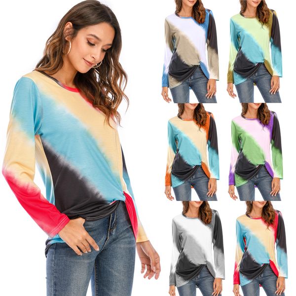 o-neck women tshirt gradient long sleeve wide waisted casual tie dye clothes famale loose tees, White 
o-neck women tshirt gradient long sleeve wide waisted casual tie dye clothes famale loose tees, White