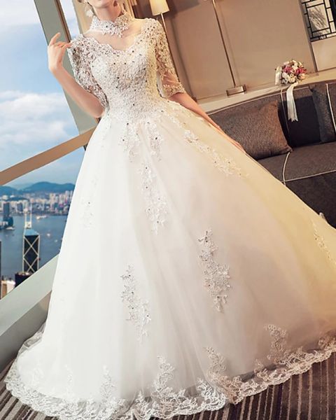 a-line wedding dresses high neck sweep / brush train lace 3/4 length sleeve beach with lace insert embroidery, White
a-line wedding dresses high neck sweep / brush train lace 3/4 length sleeve beach with lace insert embroidery, White
