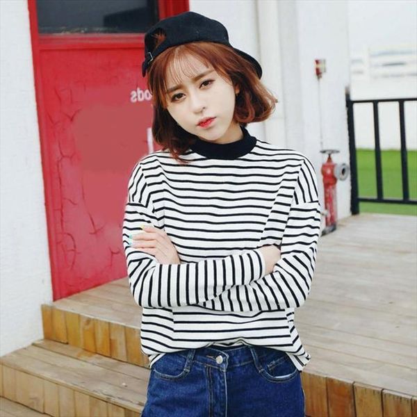 women turtleneck korean style t shirt harajuku long sleeved loose striped girl t shirt spring autumn casual, White
women turtleneck korean style t shirt harajuku long sleeved loose striped girl t shirt spring autumn casual, White