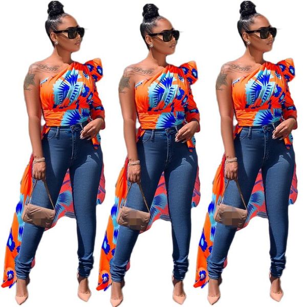 florals printed elegant women irregular t shirt short front long back one shoulders one long sleeves lady and tees, White
florals printed elegant women irregular t shirt short front long back one shoulders one long sleeves lady and tees, White