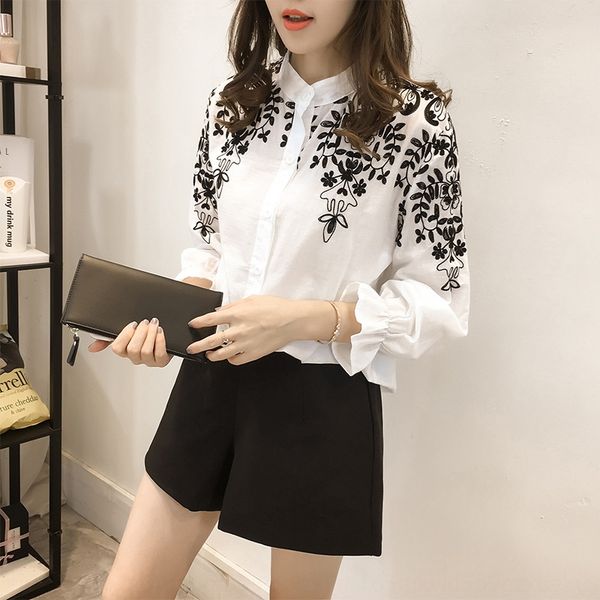 new women's long sleeve korean style shirt loose embroidered flower stand collar base shirt top, White
new women's long sleeve korean style shirt loose embroidered flower stand collar base shirt top, White