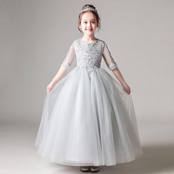flower girl dress gray a-line bow sash half sleeve solid o-neck girls first communion dress vestido de comunion, Red;yellow 
flower girl dress gray a-line bow sash half sleeve solid o-neck girls first communion dress vestido de comunion, Red;yellow