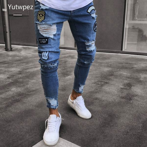 2020 men jeans hip-hop embroidered jeans fashion, Blue