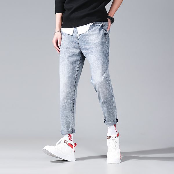 men's jeans qylvawoy spring ripped light color stretch small feet fashion trousers nine minutes pants grinding white, Blue
men's jeans qylvawoy spring ripped light color stretch small feet fashion trousers nine minutes pants grinding white, Blue