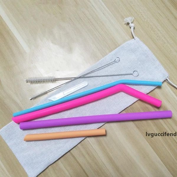 reusable drinking straws set with cleaning brush bent straight 1 lot 8pcs food grade silicone straws suction pipe bar tool ldh203