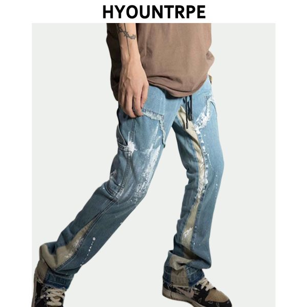 men fashion graffiti printed patchwork denim flare jeans casual trousers hip hop drawstring graffiti printed streetwear trousers, Blue
men fashion graffiti printed patchwork denim flare jeans casual trousers hip hop drawstring graffiti printed streetwear trousers, Blue