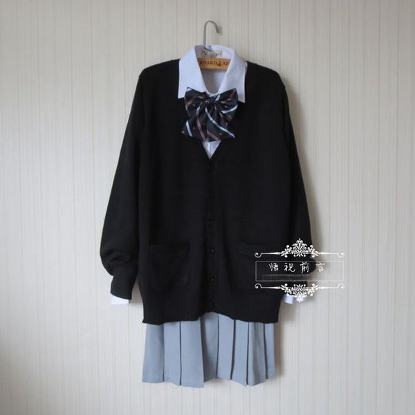 japanese school uniform suit set black cardigan sweater + solid white long sleeve shirt + dark gary pleated skirt
japanese school uniform suit set black cardigan sweater + solid white long sleeve shirt + dark gary pleated skirt